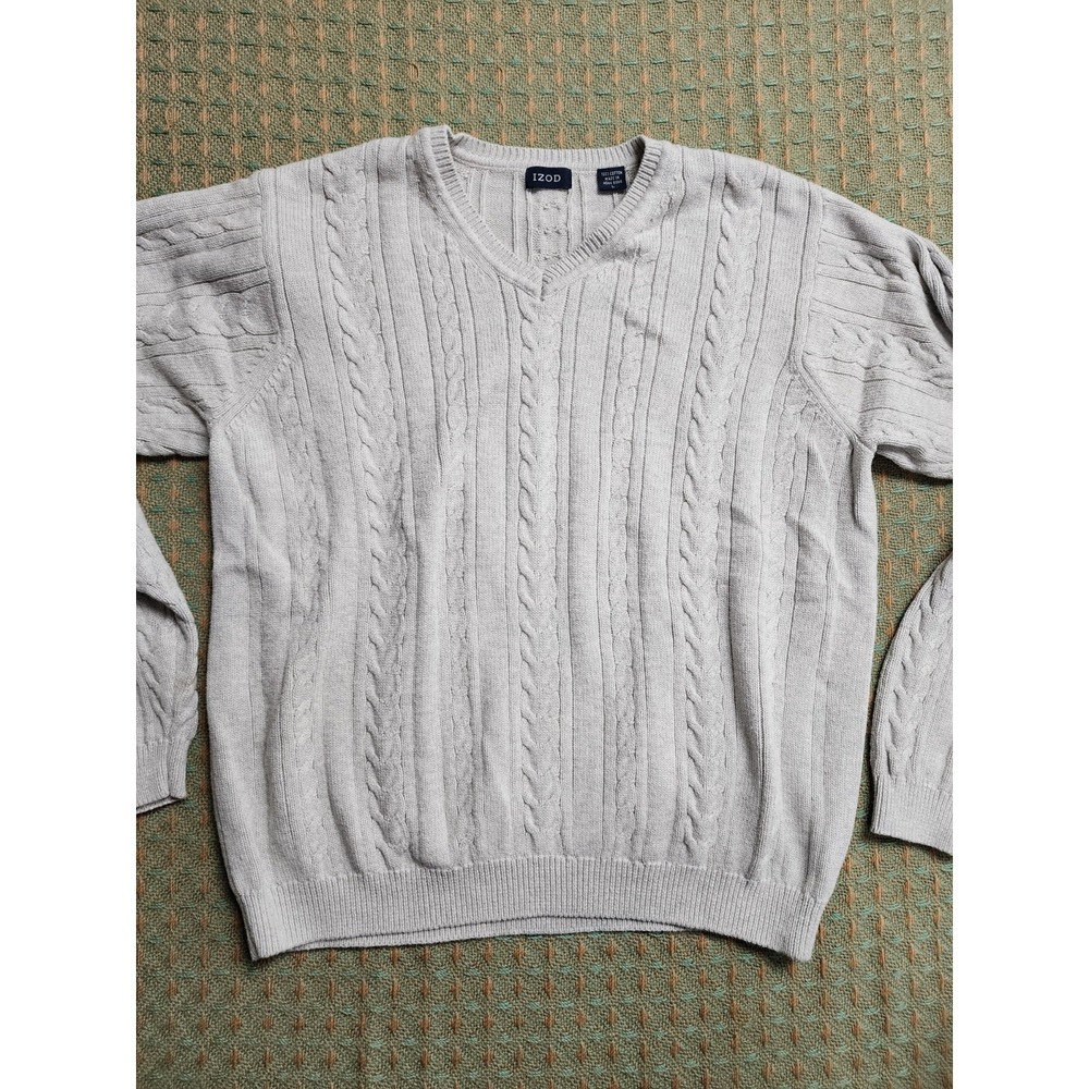 IZOD Men's Medium Cream White Cable Knit V-Neck Sweater 100% Cotton Pullover L